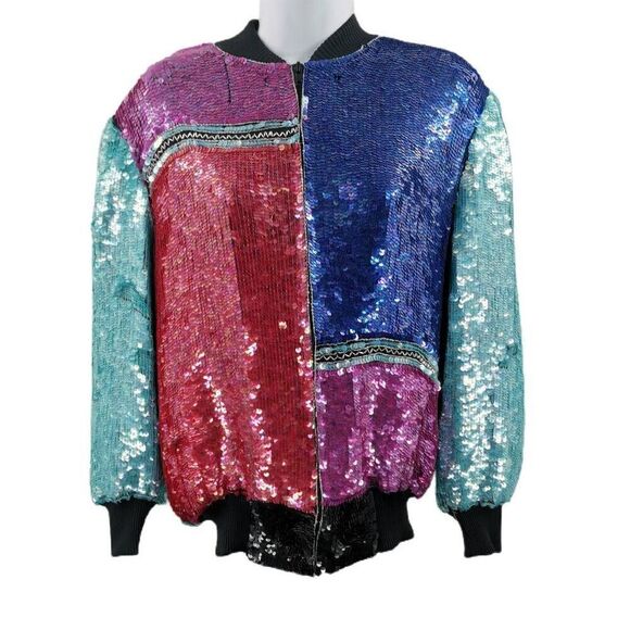 Vintage Dark Blue, Light Blue, Fuchsia, and Red Sequin Bomber Jacket | Circa 198 - Picture 1 of 4